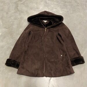 Tulle Brown Faux Suede Hooded Faux Fur Lined Coat Jacket Womens Medium 10-12